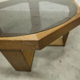 Unique hexagonal table 1977, smoked glass and oak, Swiss made.