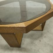 Unique hexagonal table 1977, smoked glass and oak, Swiss made.