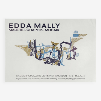 Affiche originale vintage des années 1970 d’exposition d’art Edda Mally d’illustration et de mosaïque