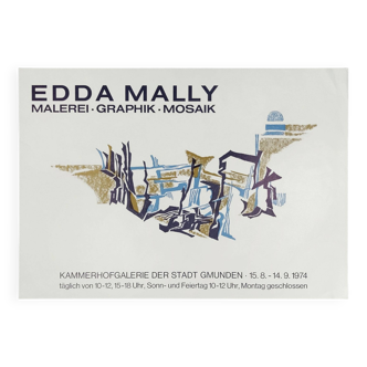 Affiche originale vintage des années 1970 d’exposition d’art Edda Mally d’illustration et de mosaïque