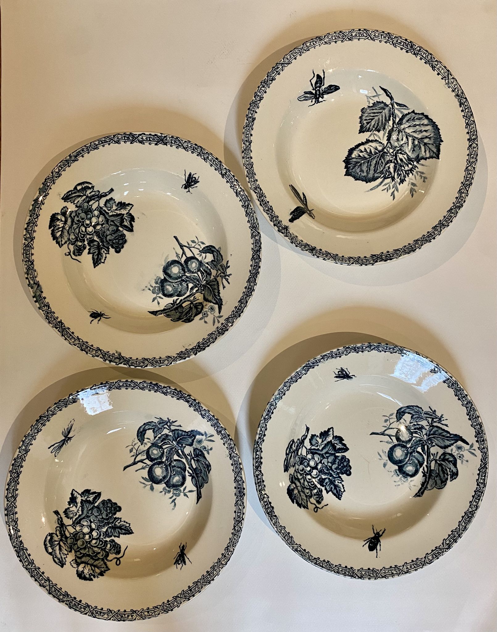 Set of 4 hollow plates, insect and fruit decorations, Manufacture Choisy le Roi, Terre de fer