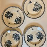 Set of 4 hollow plates, insect and fruit decorations, Manufacture Choisy le Roi, Terre de fer