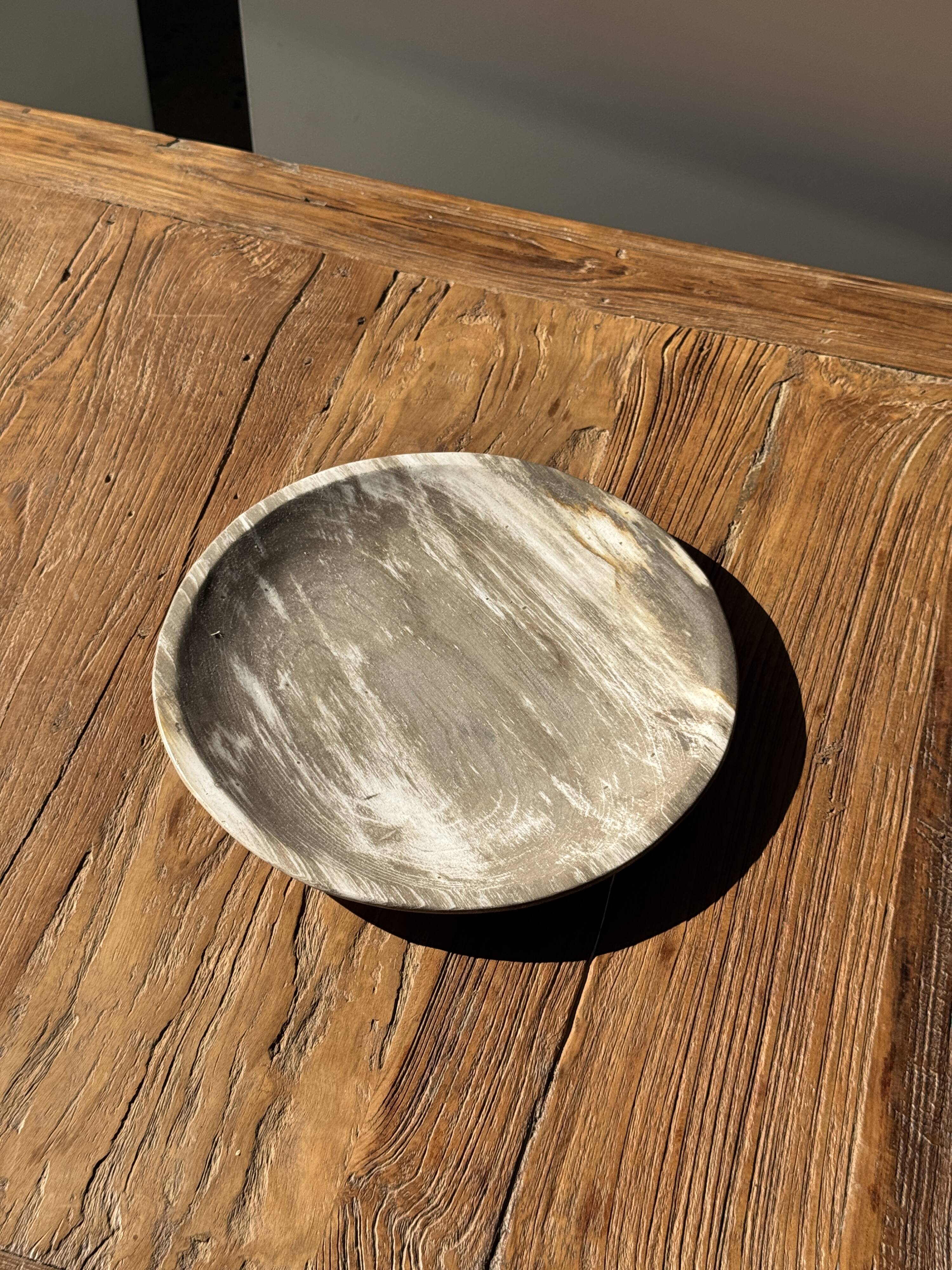 Petrified wood vide poche, circular dish or plate in light beige D25.