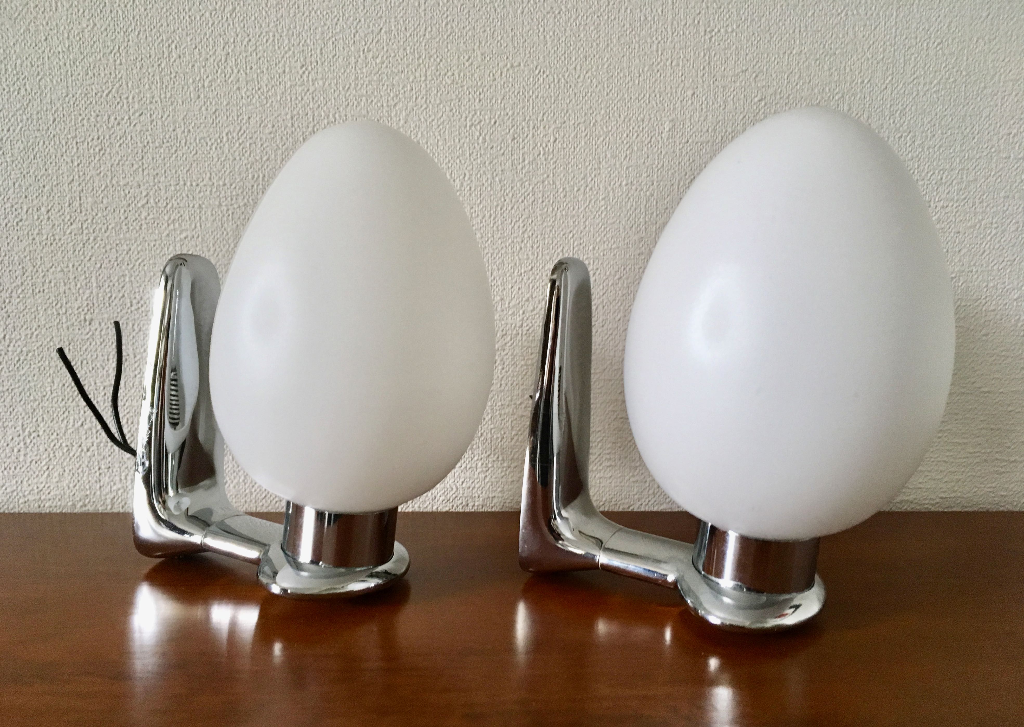 Pair of opaline wall lamps and chrome metal