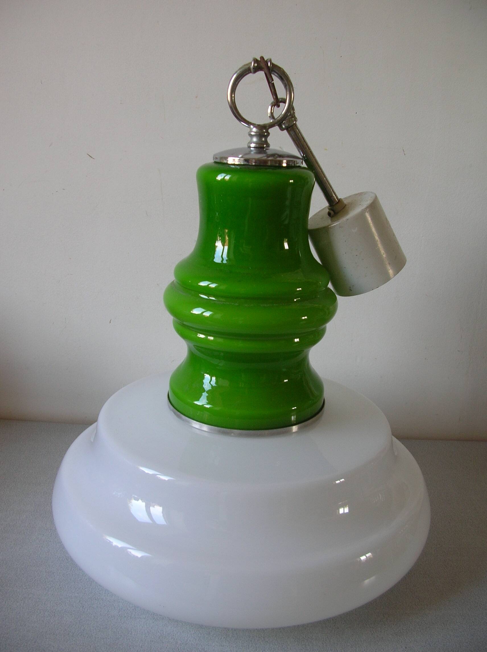 Old globe pendant light with apple green and white glass shade, 80's design 59 cm