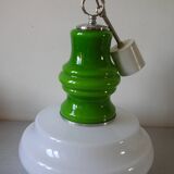 Old globe pendant light with apple green and white glass shade, 80's design 59 cm