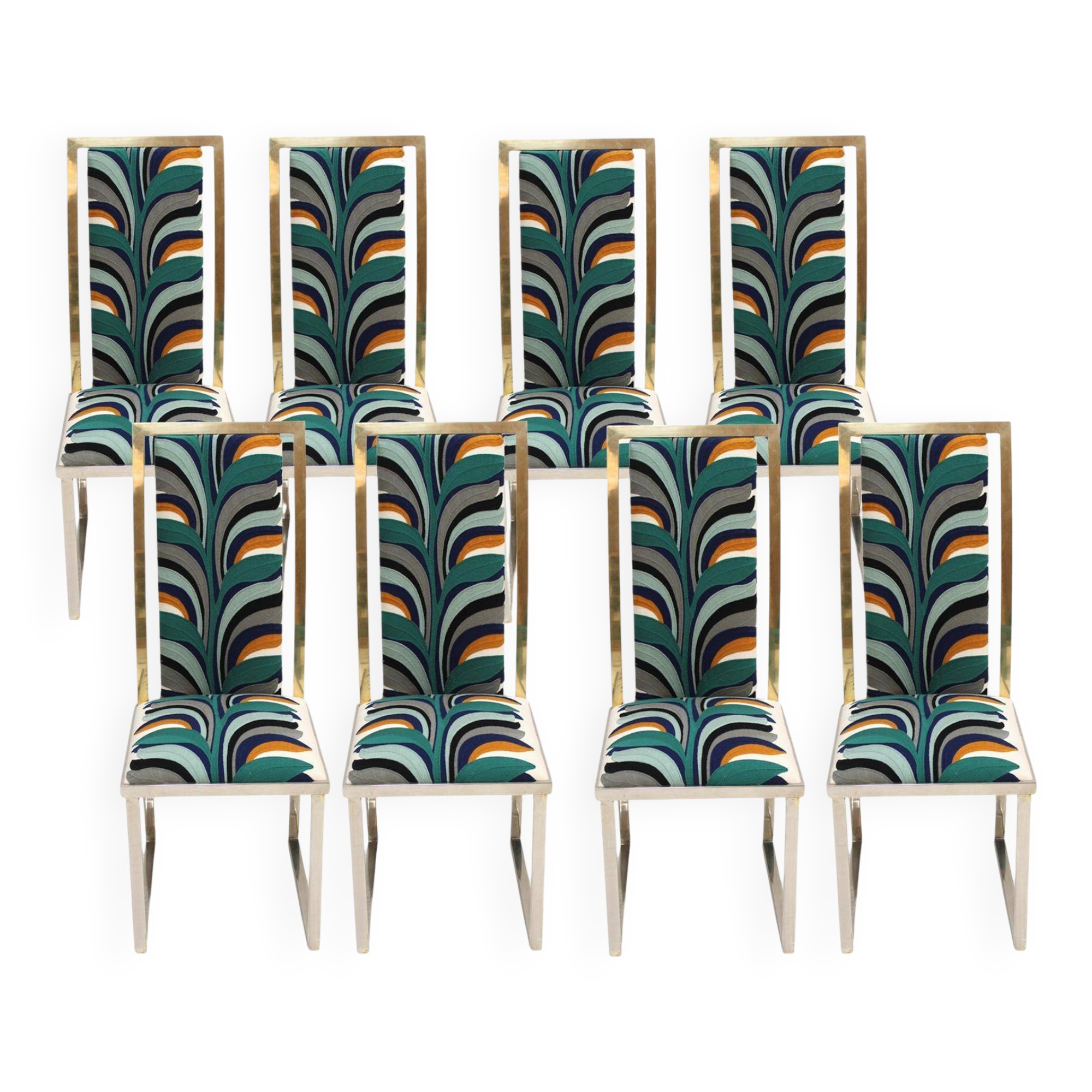 Mid-Century Michel Mangematin Brass and Steel French 1970s Eight Dining Chairs
