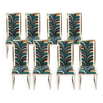 Mid-Century Michel Mangematin Brass and Steel French 1970s Eight Dining Chairs