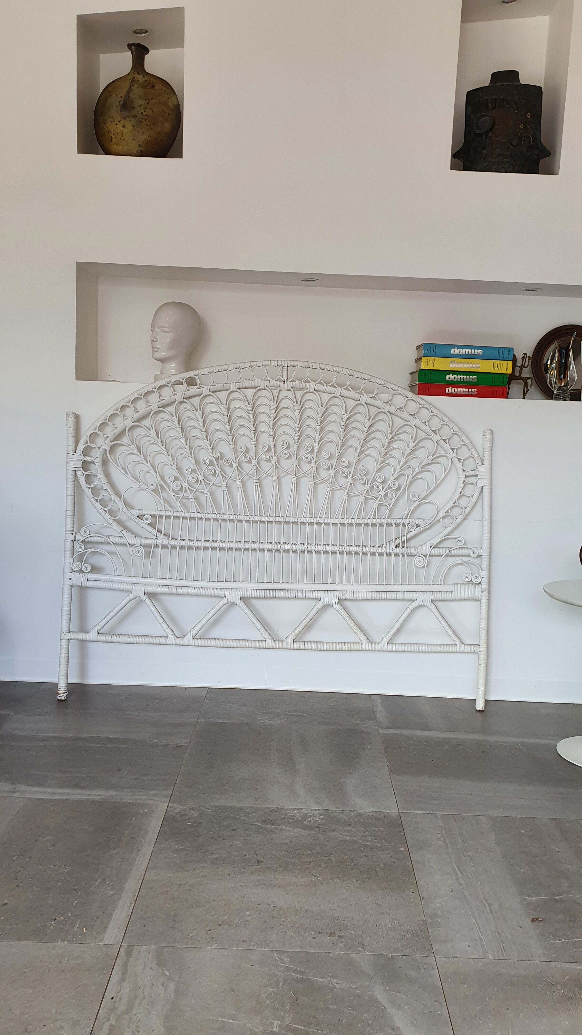 Peacock rattan headboard painted white