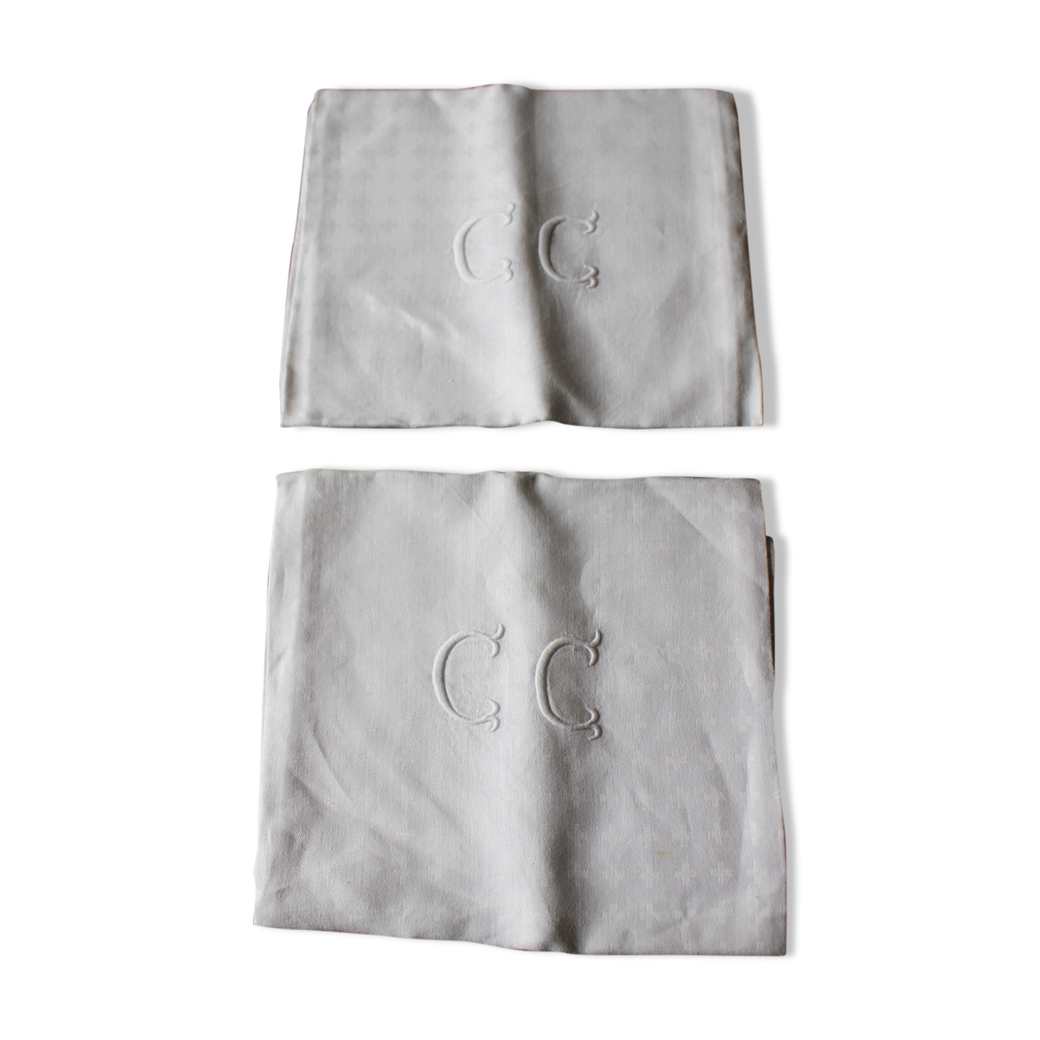 Pair Antique damask napkins white Monograms C C