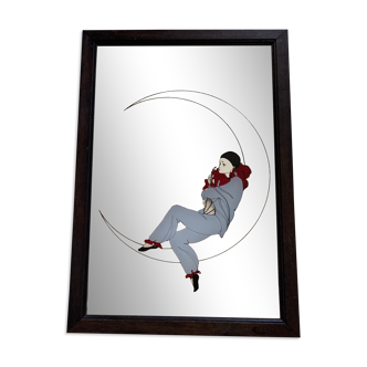 Miroir ancien collector vintage avec dessin / sérigraphie de Pierrot au clair de la lune 70's 80's