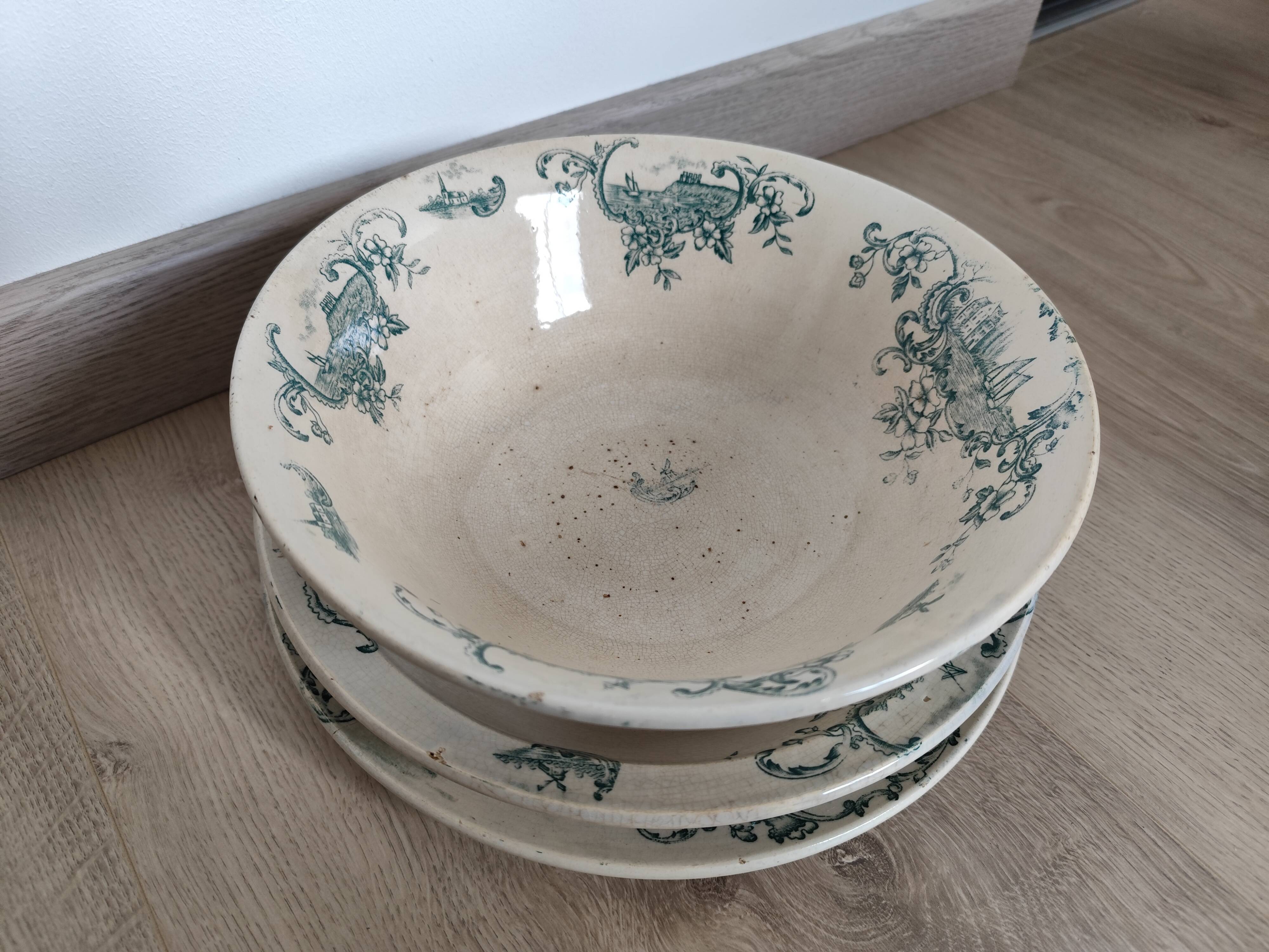 Trio of dishes: Salad bowl, Vegetable dish & Deep plate Faïence de Lyon Model