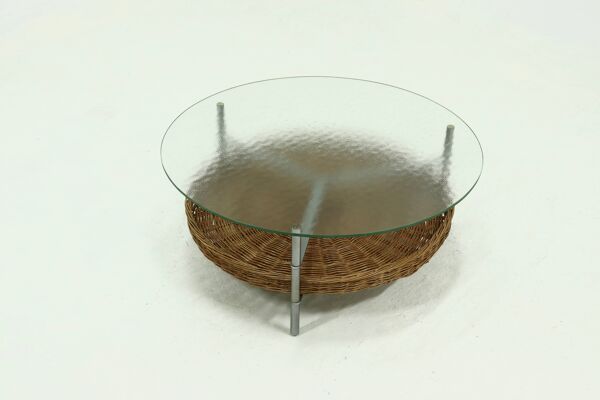 Table basse ronde en rotin, en verre et métal, années 1960