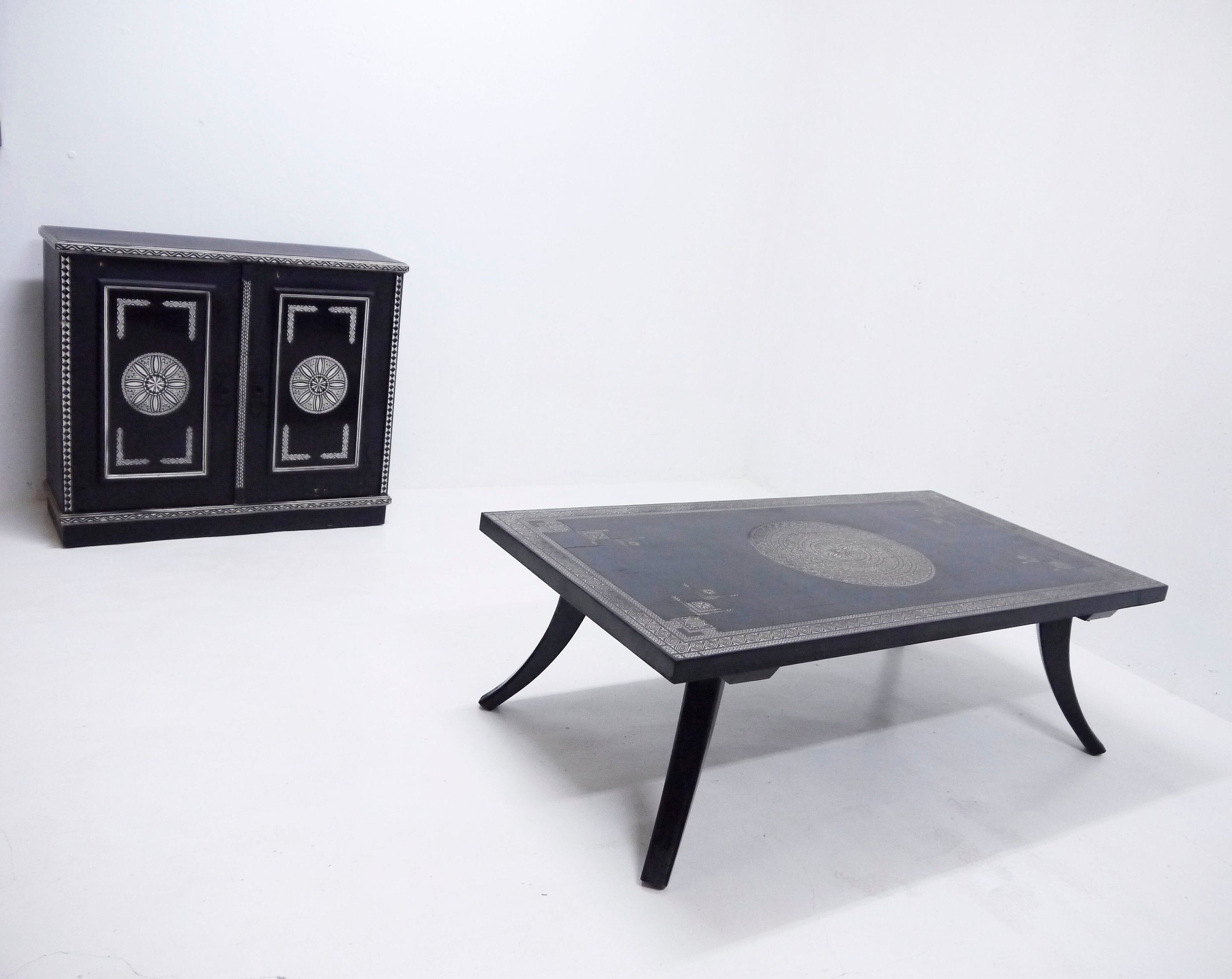 Antique wooden coffee table painted in black and incised with white painted decorations, Ettore Zaccari, Italy c 1910