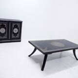 Antique wooden coffee table painted in black and incised with white painted decorations, Ettore Zaccari, Italy c 1910
