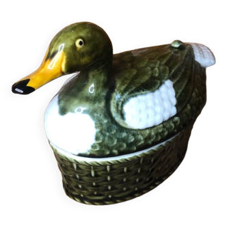 Old terrine duck shape green & white ceramic france vintage