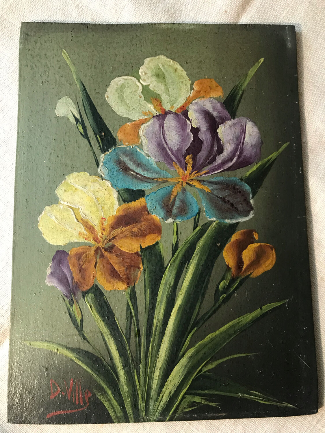 Oil on wood with irises