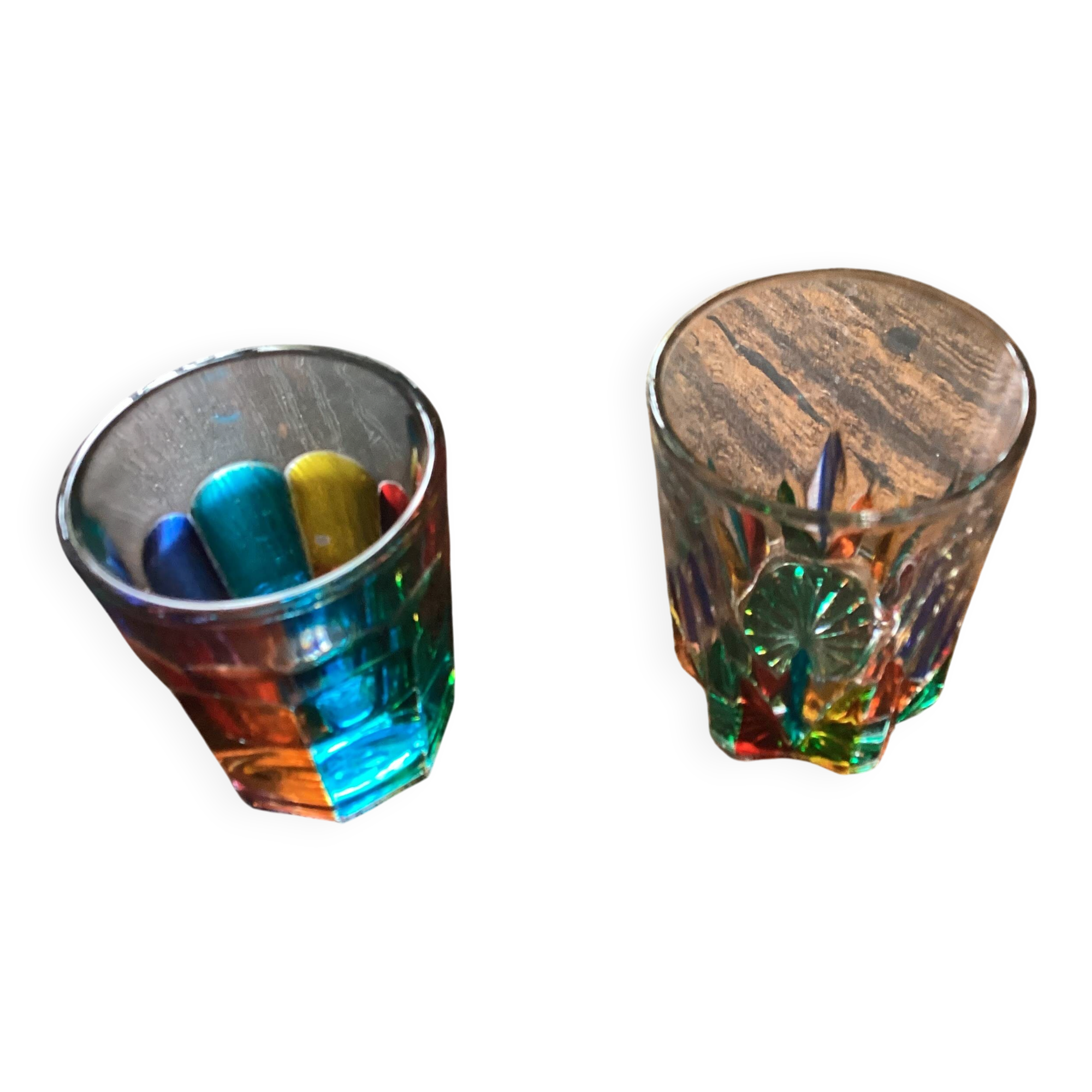 Two Shot Glasses,: One Murano, One CC Zechin using Murano Techniques.