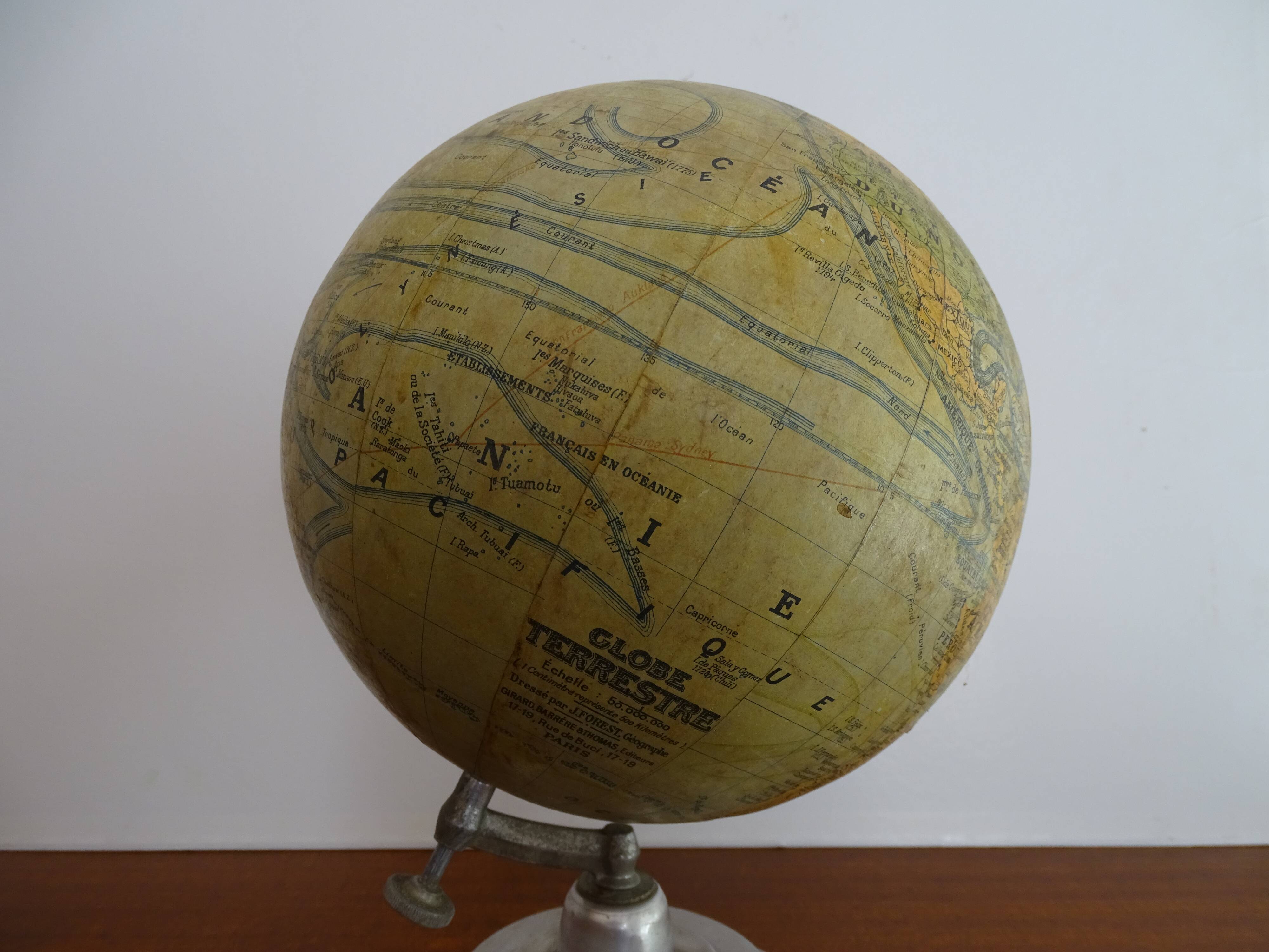 Terrestrial globe boiled cardboard J.Forest Girard Barrère & Thomas Ø 19.5 aluminum base
