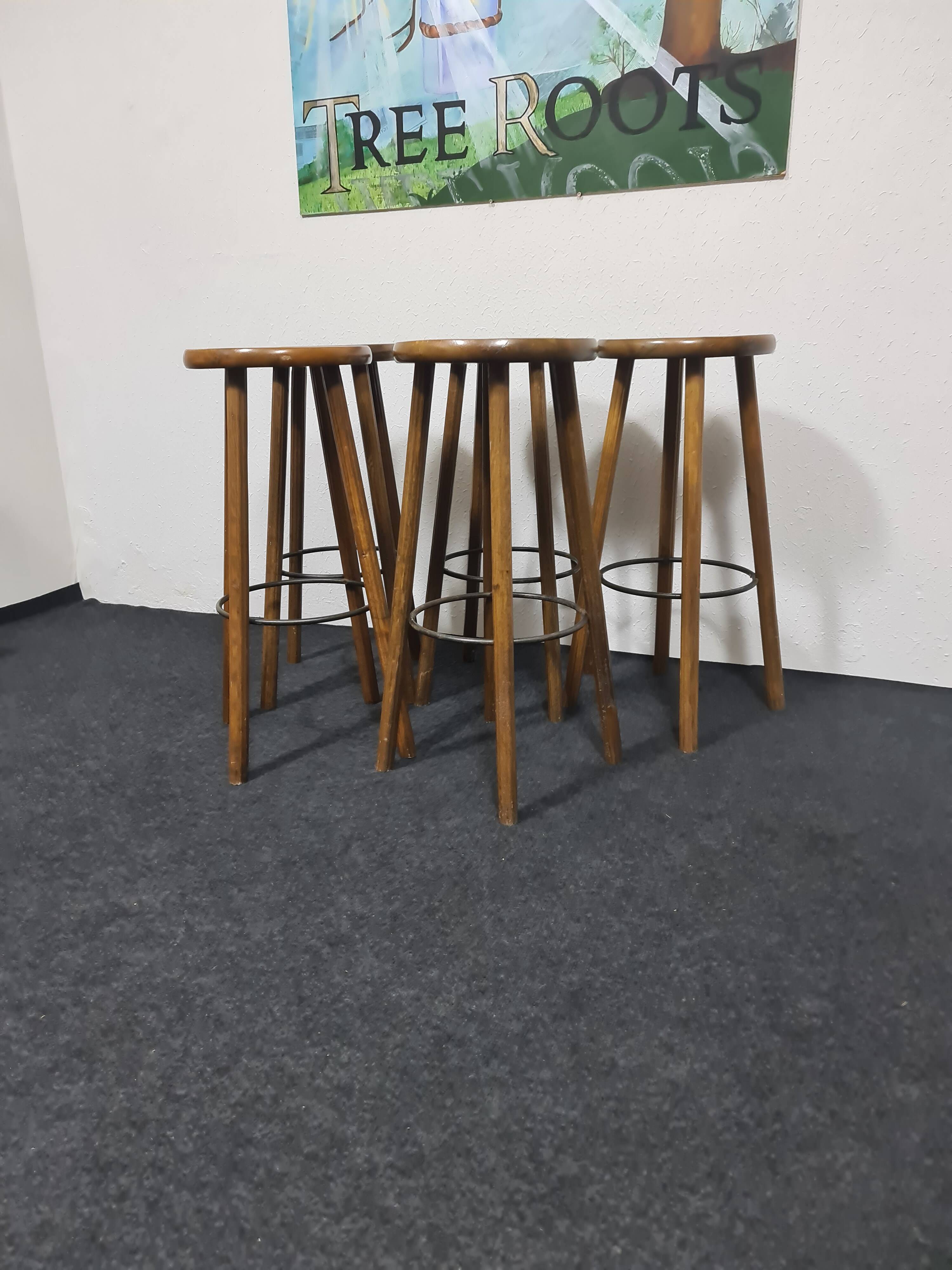 Five vintage oak bar stools