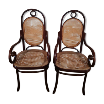 Pair of curved wooden armchairs and caning Thonet N ° 17 or long John 1920