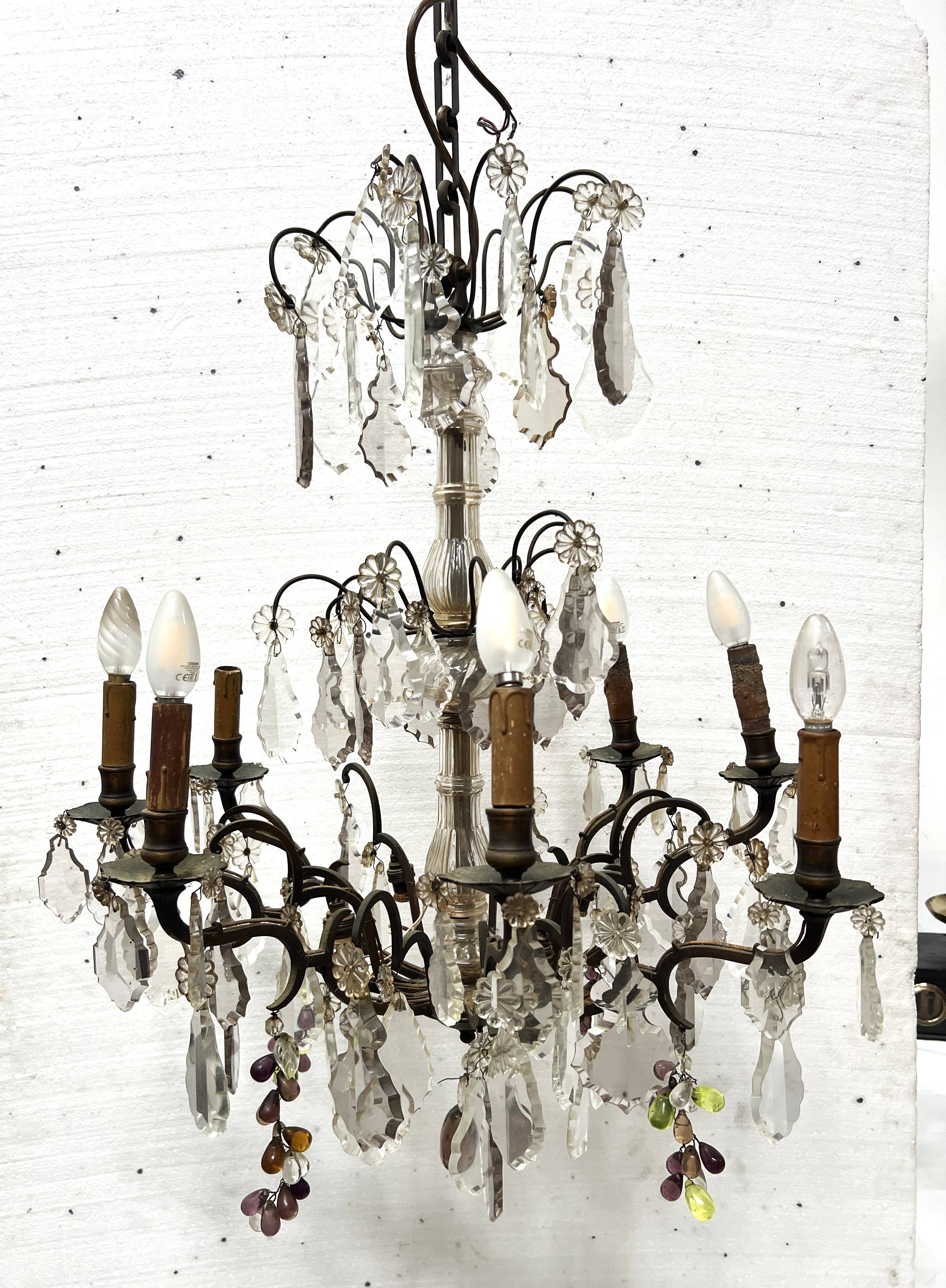 Louis XV style chandelier with pendants and colored glass fruits, 20th century