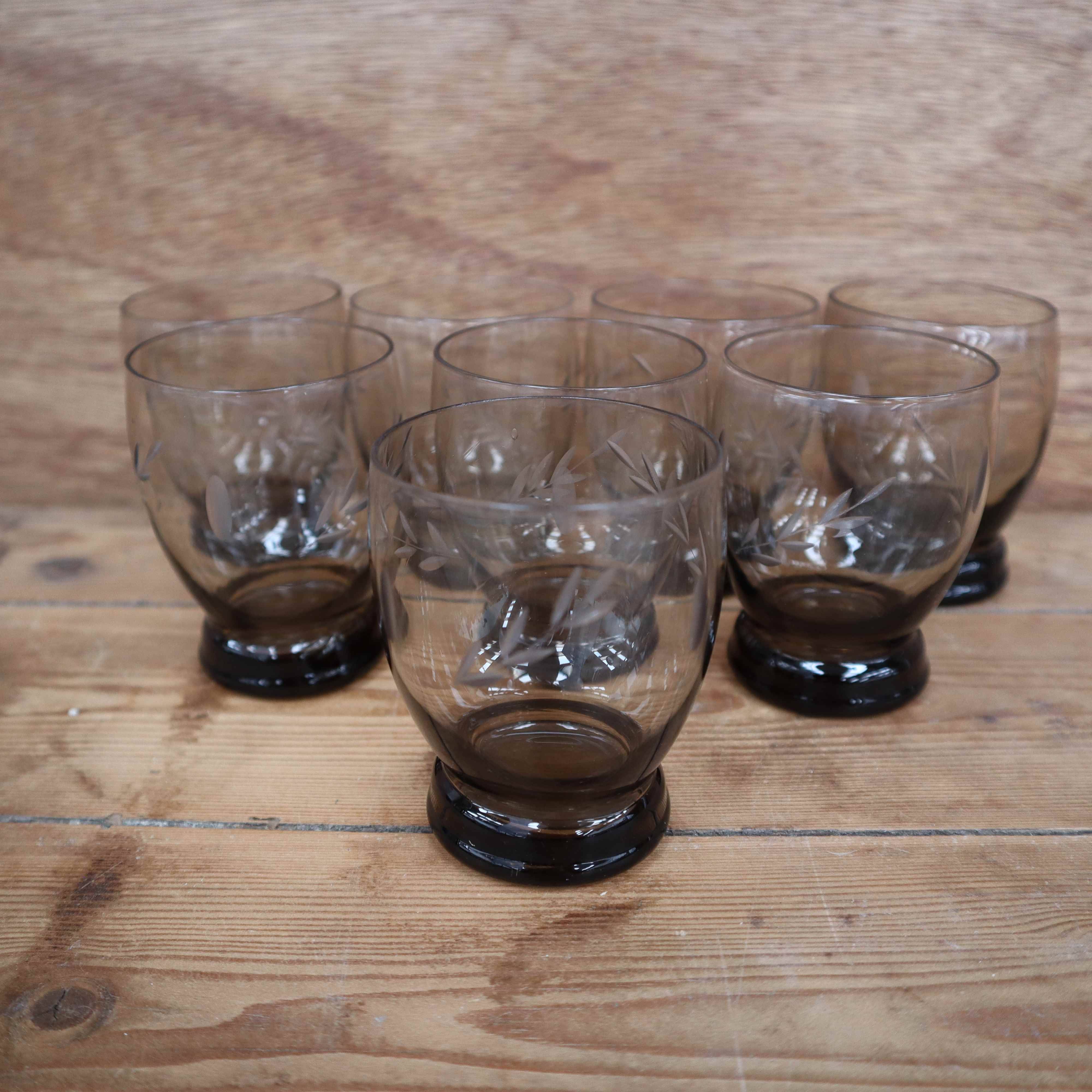 Set of 8 vintage transparent brown wheat ear chiseled glasses