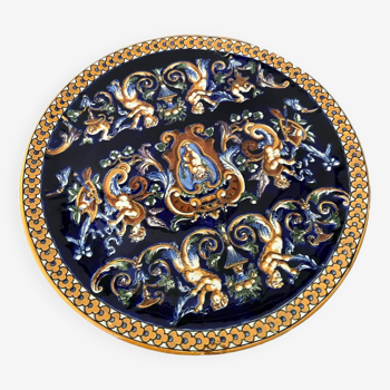 Round earthenware dish from gien with renaissance decor