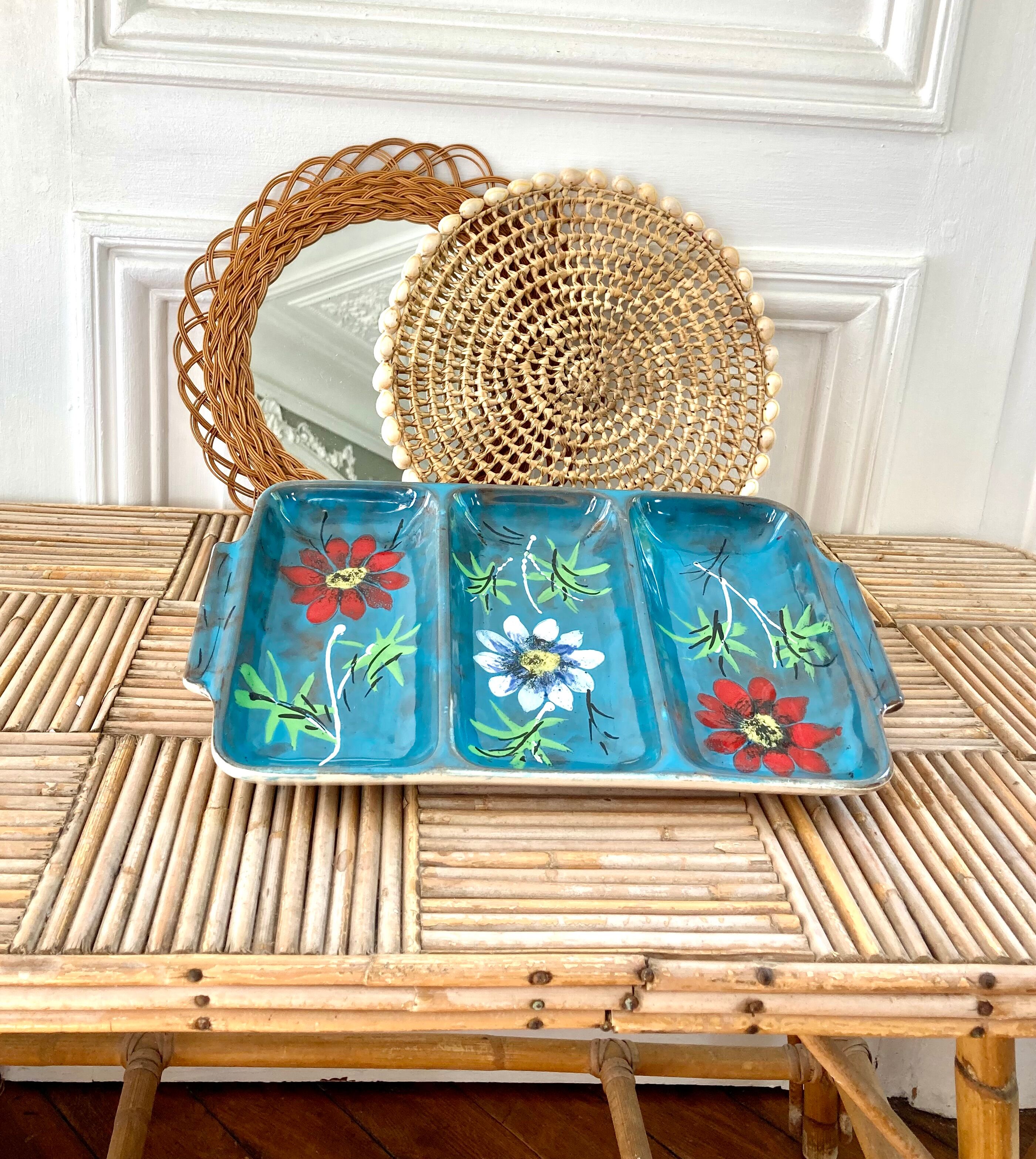 Glazed ceramic dish with flowers 50s