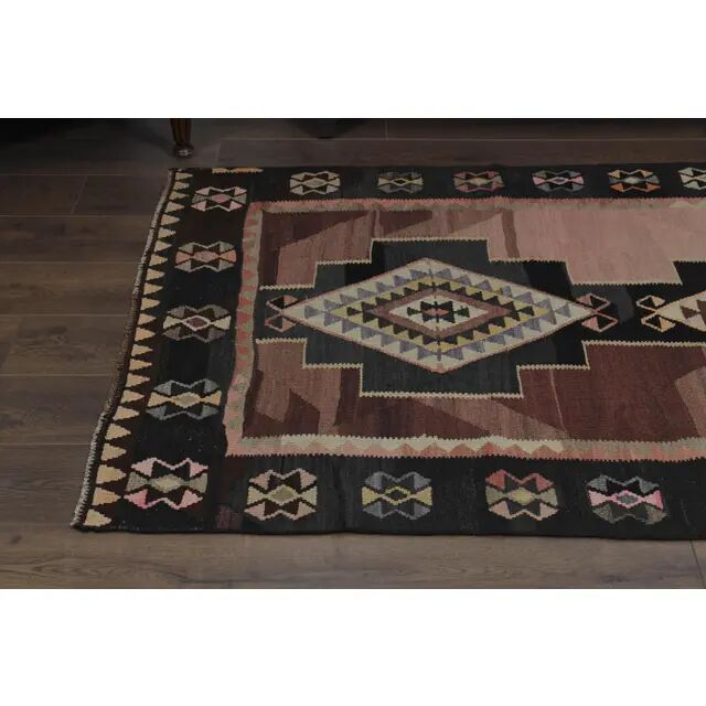70's Brown Turkish Oushak Handmade Wool Geometric Motif Runner Rug 123x293