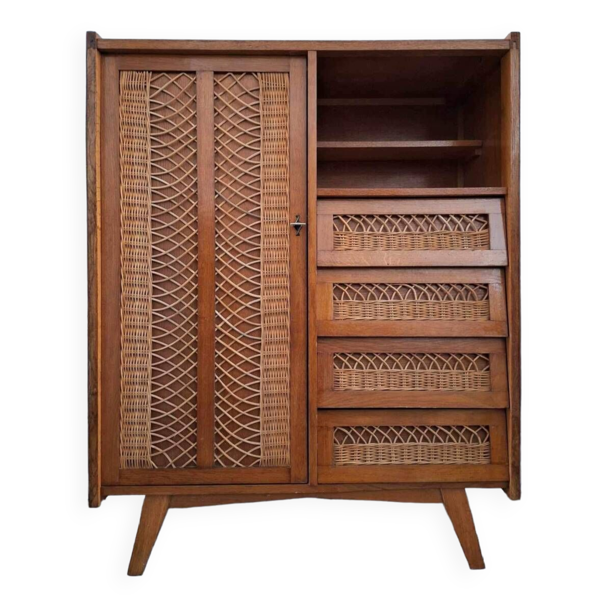 Vintage rattan cabinet with compass feet, old wicker chest of drawers