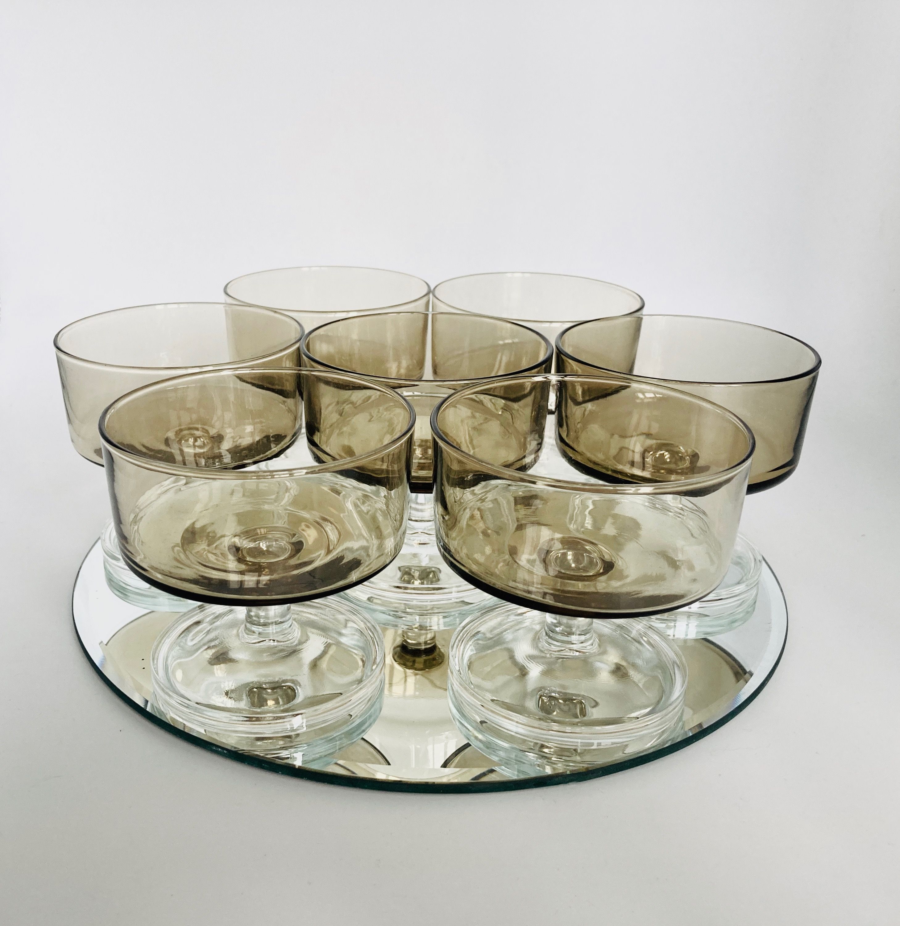 Champagne cups in smoked glass, Luminarc France 1970