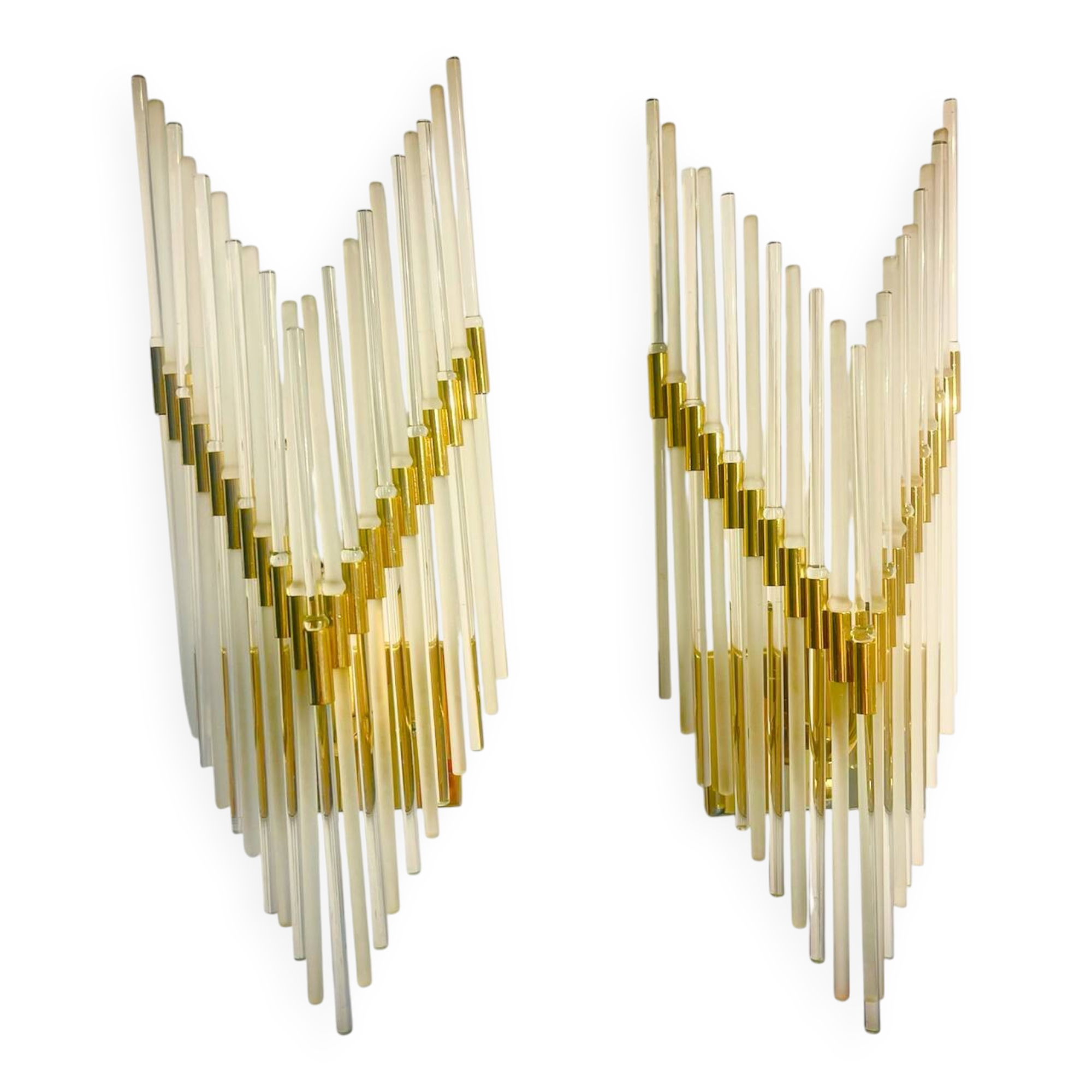 Pair of Murano glass wall lamps with gilded structure, Sciolari, Italy 1970