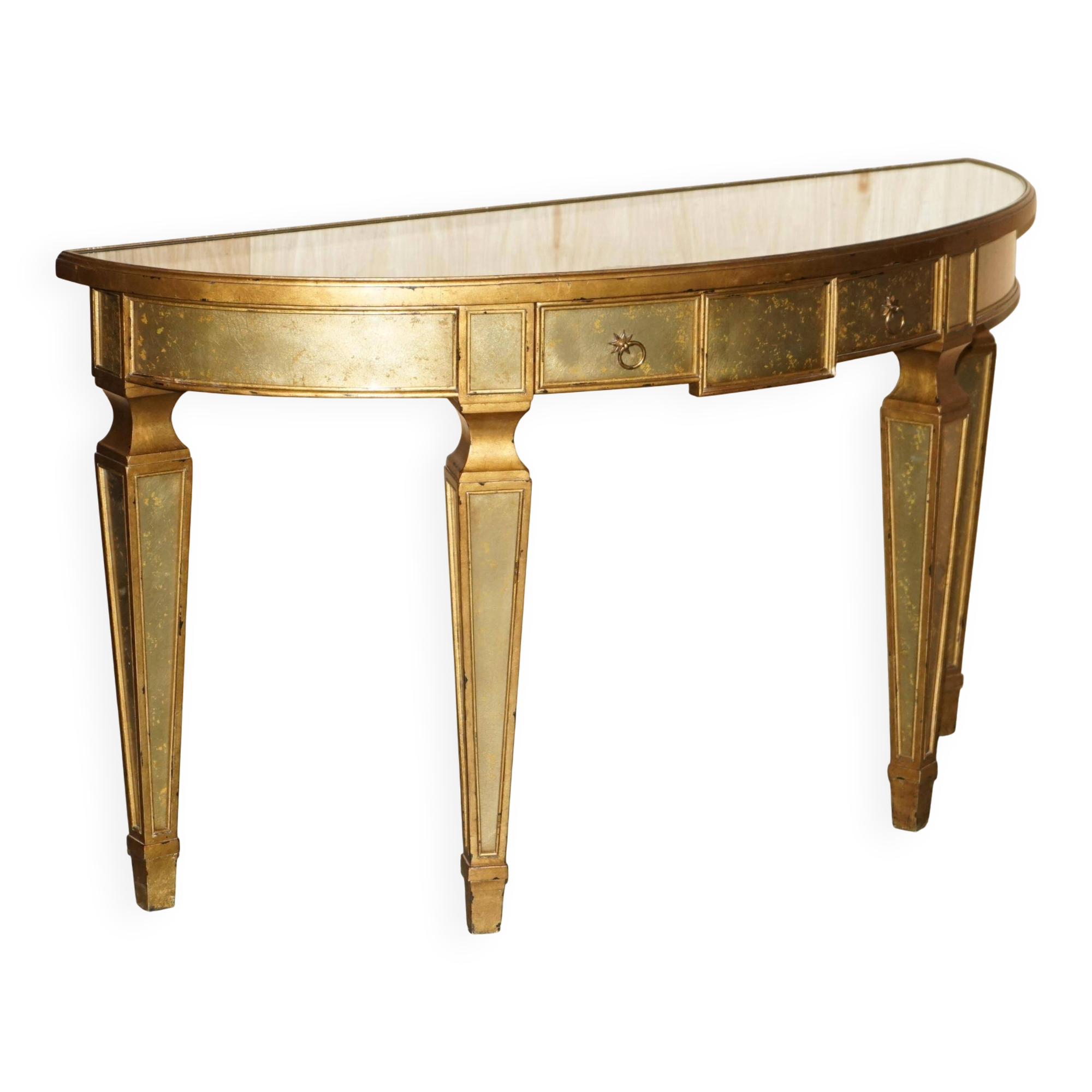 Console demi-lune Eglomise Theodore Alexander finition dorée