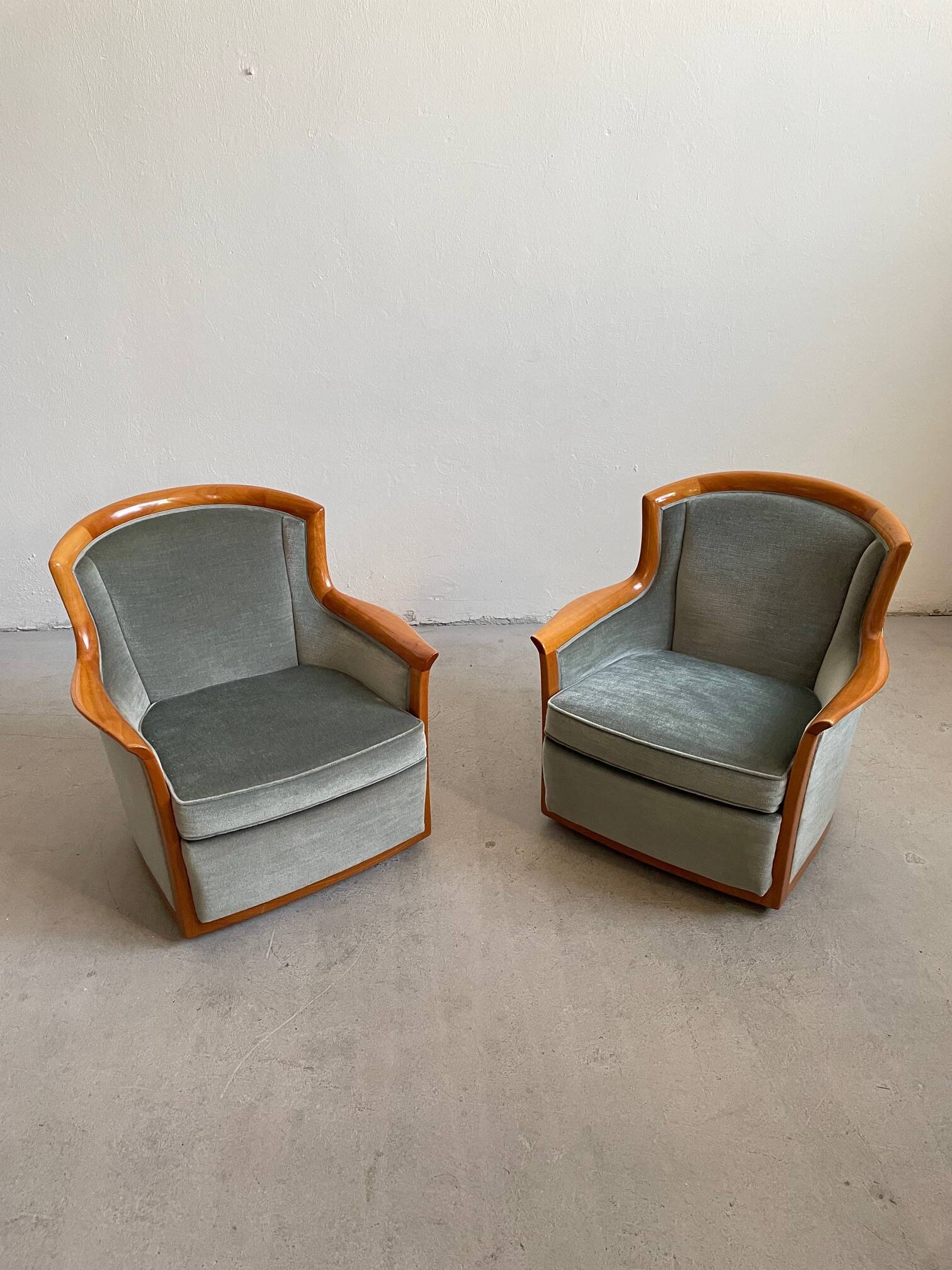 1960s Scandinavian Mid-century Armchairs, Solid Cherry Wood and Velvet