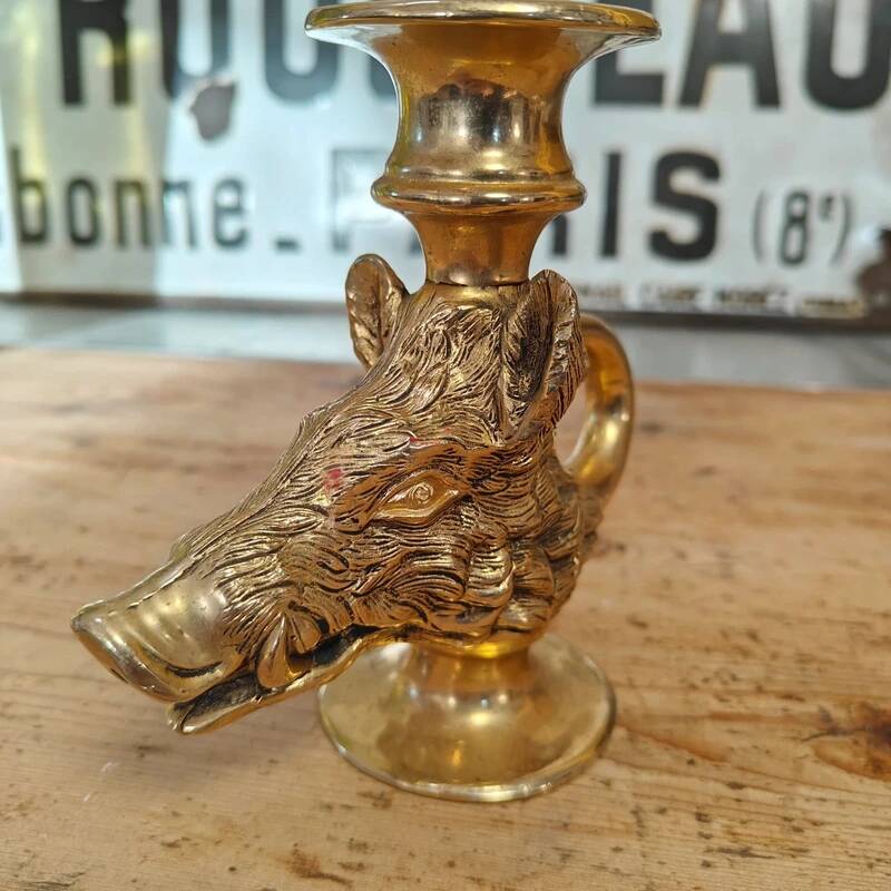 Vintage gold metal boar hunting candlestick