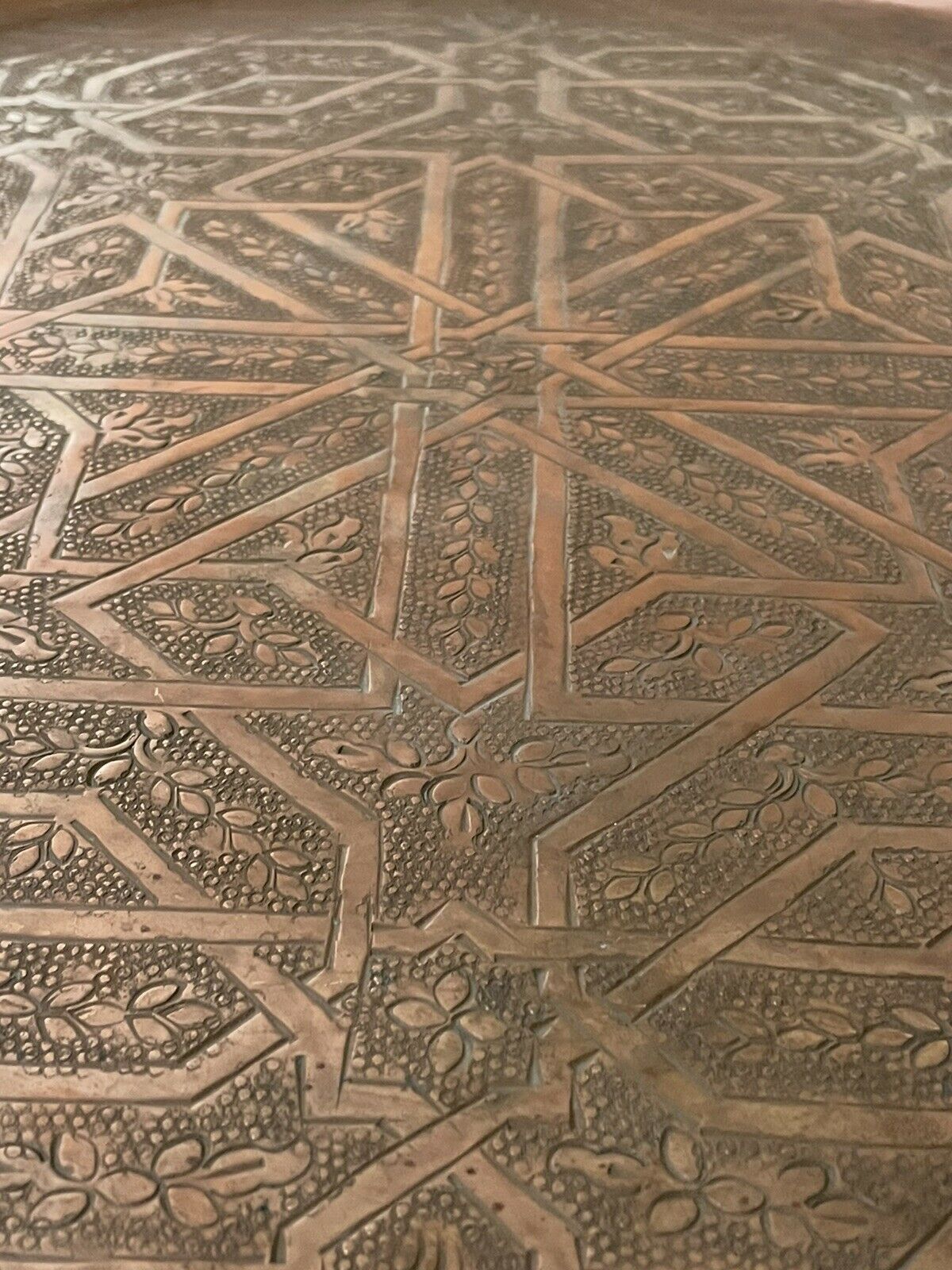 Oriental tea table, moroccan, copper top, engraved wood base, ethnic