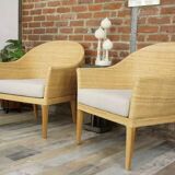 Pair of teak and rattan armchairs