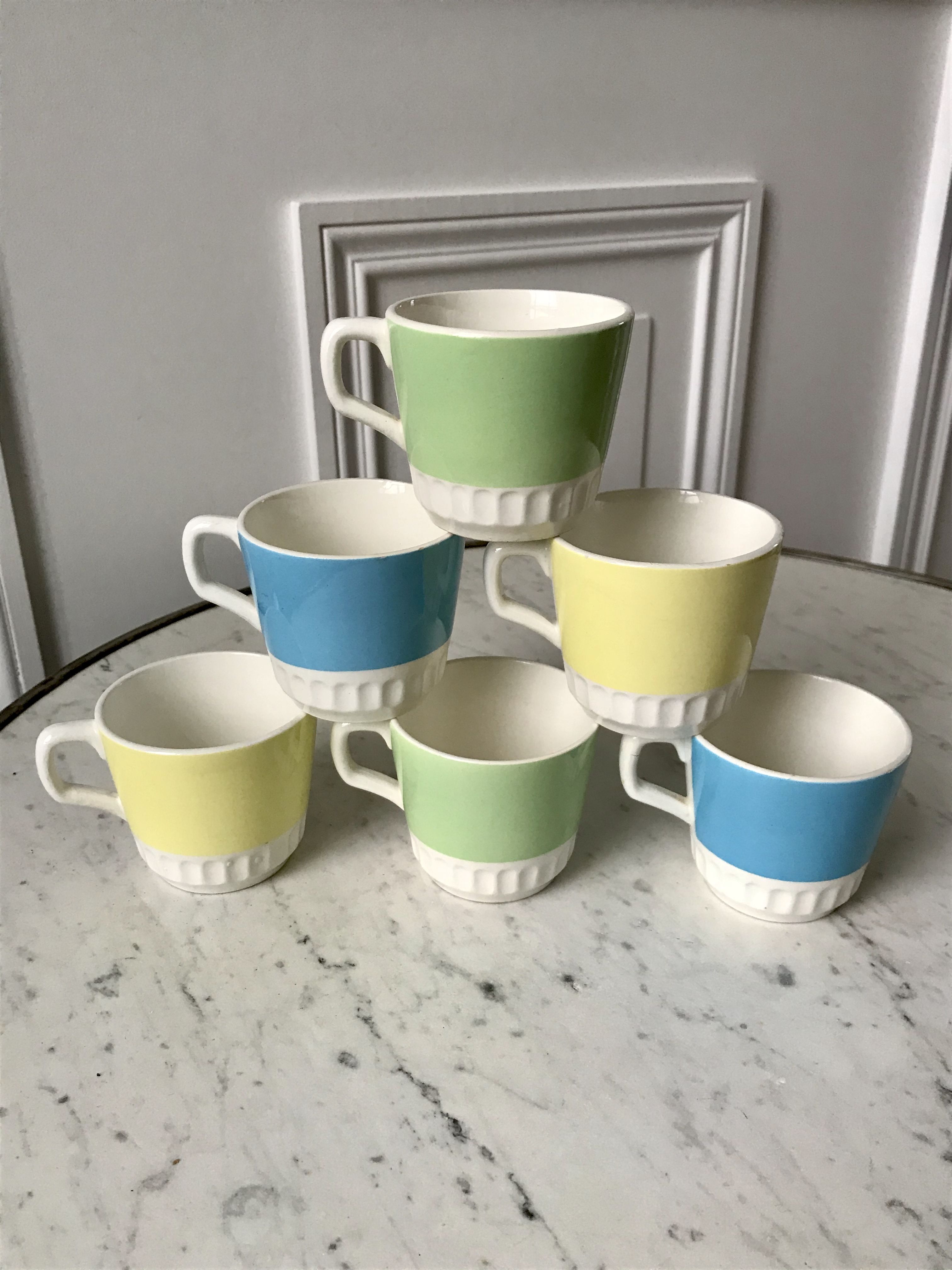 set of 6 colorful coffee cups pop Digoin Sarreguemines 60s