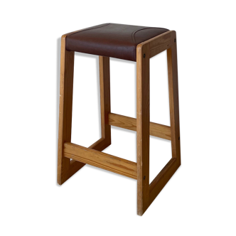 Tabouret en pin et cuir Europe de l’Est