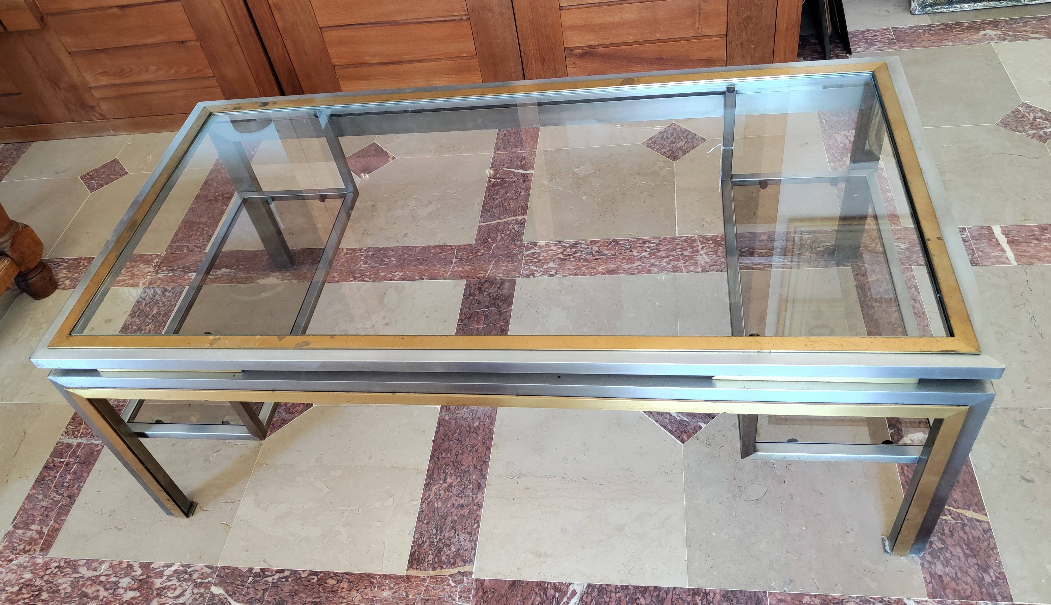 Guy lefèvre for maison jansen coffee table in brushed steel and brass 1970