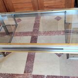 Guy lefèvre for maison jansen coffee table in brushed steel and brass 1970