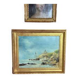 19th century oil on canvas depicting an animated marine scene with its gilded wooden frame