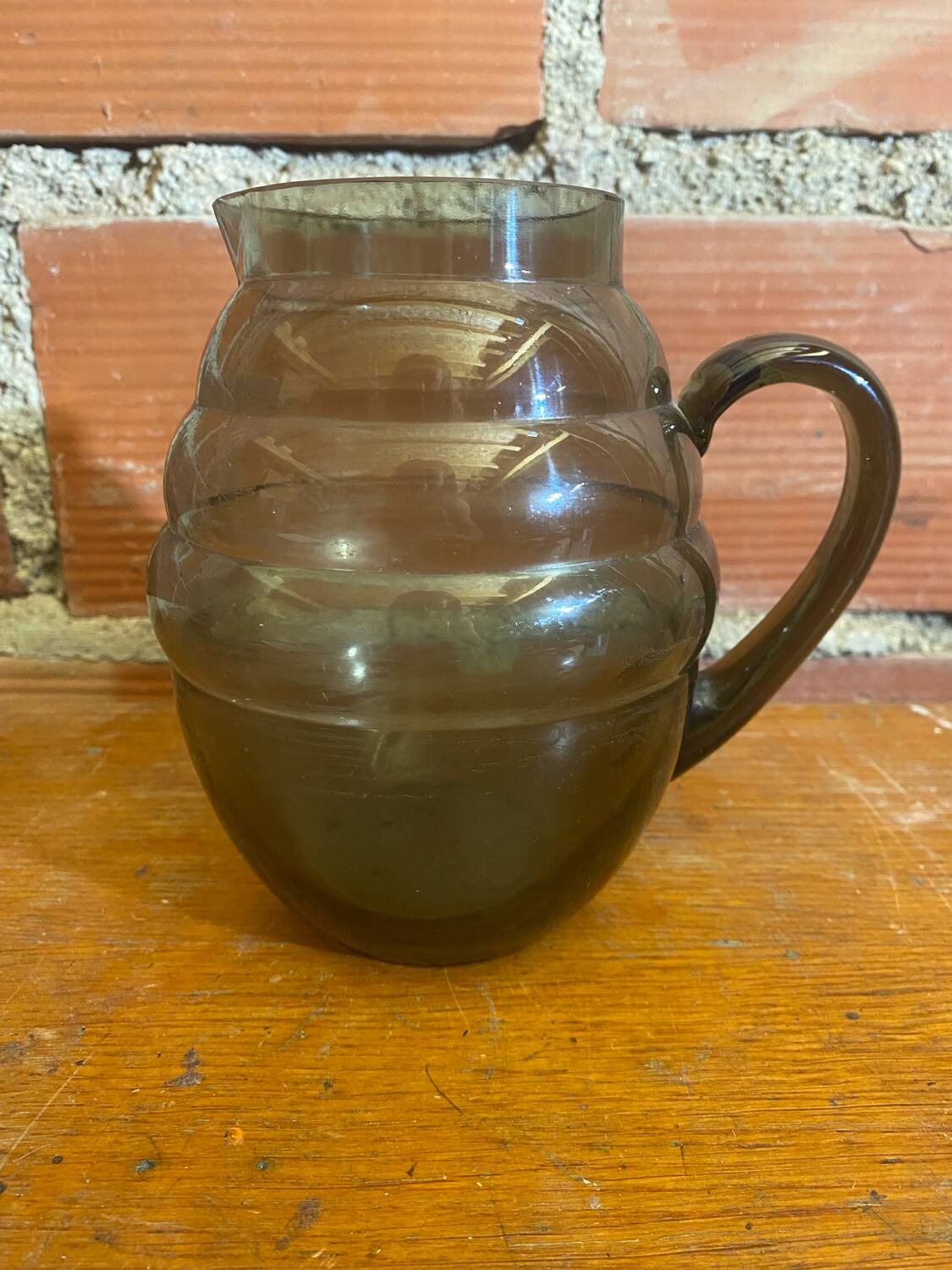 Antique Art Deco Pitcher Smoked Molded Glass Vintage Kitchen #C604