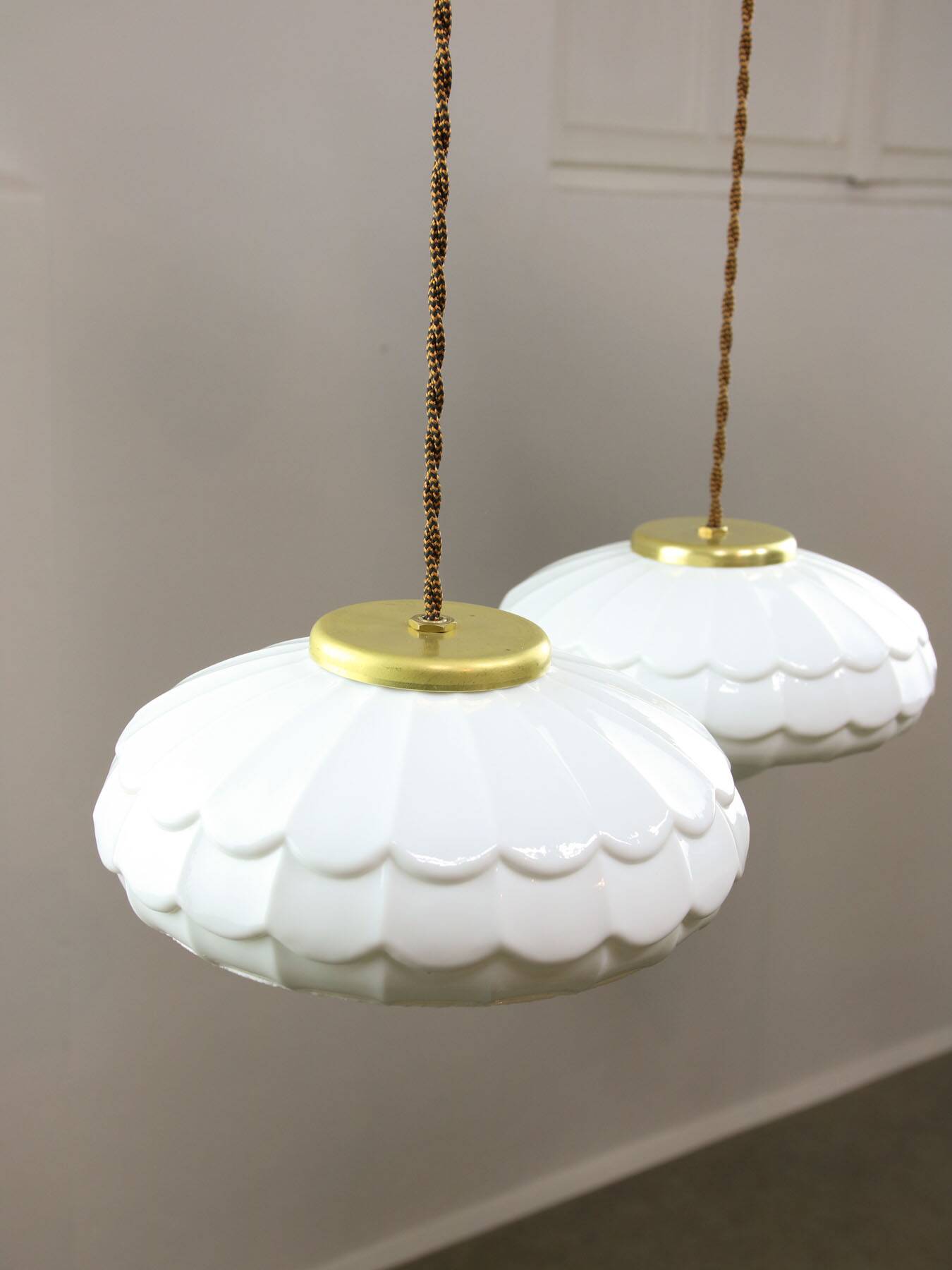 Mid-Century Italian Ceramic & Brass Pendant Lamps, Set of 2