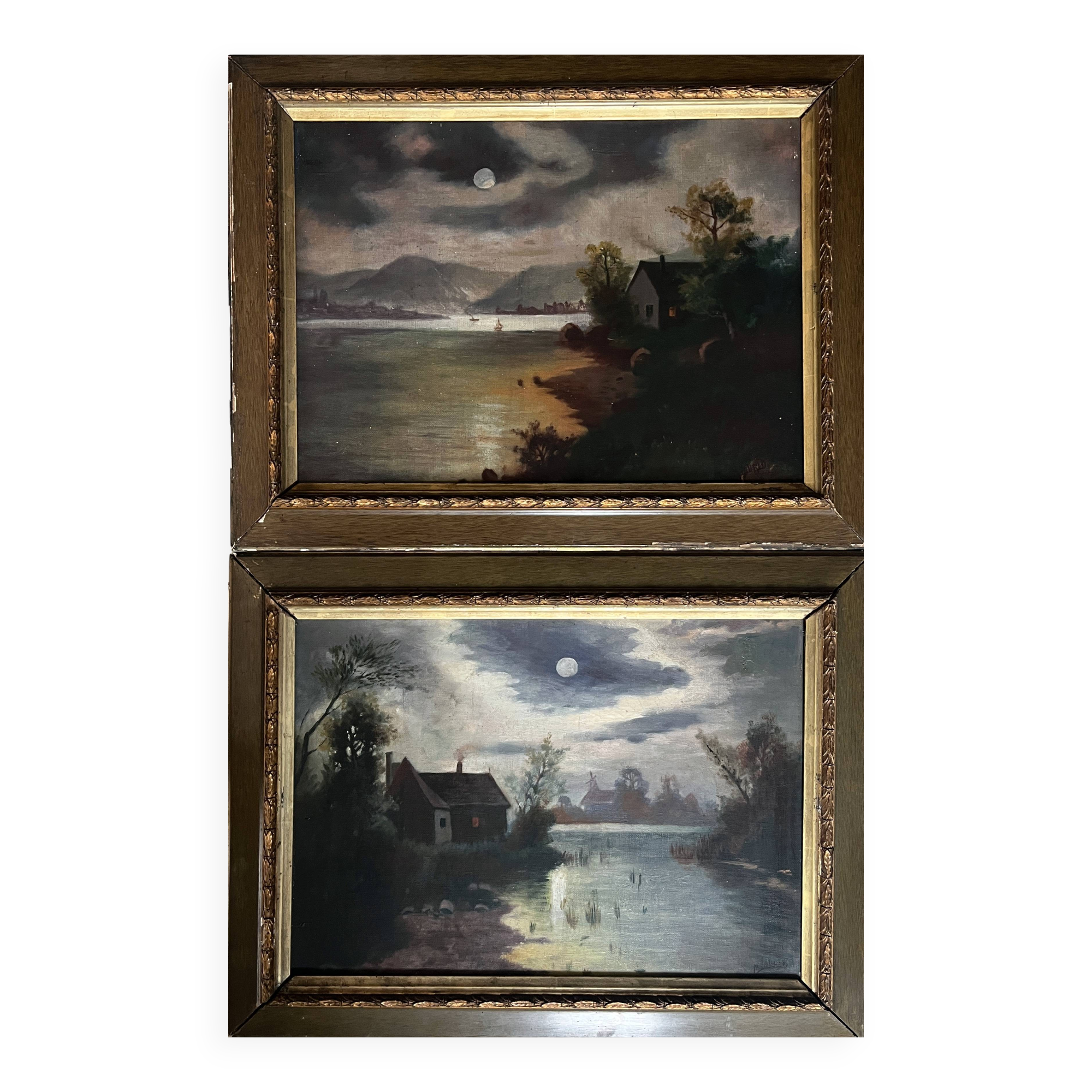 Pendant of HST painting "Landscape in the moonlight" signed + frame circa 1920