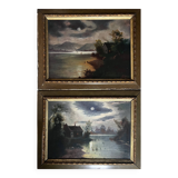 Pendant of HST painting "Landscape in the moonlight" signed + frame circa 1920