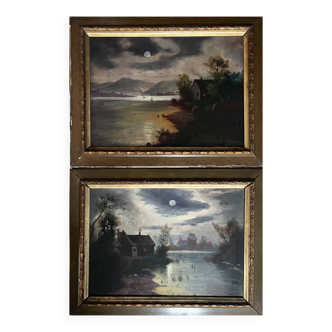 Pendant de Tableau HST "Paysage au clair de lune" signés + cadre vers 1920