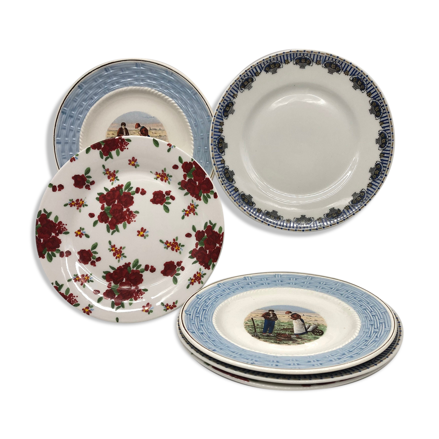 Series of 6 mismatched dessert plates.