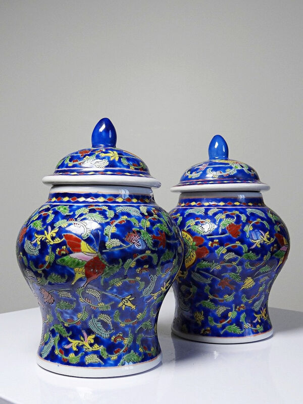 2 pots à gingembre vintage en porcelaine de Chine émaillée